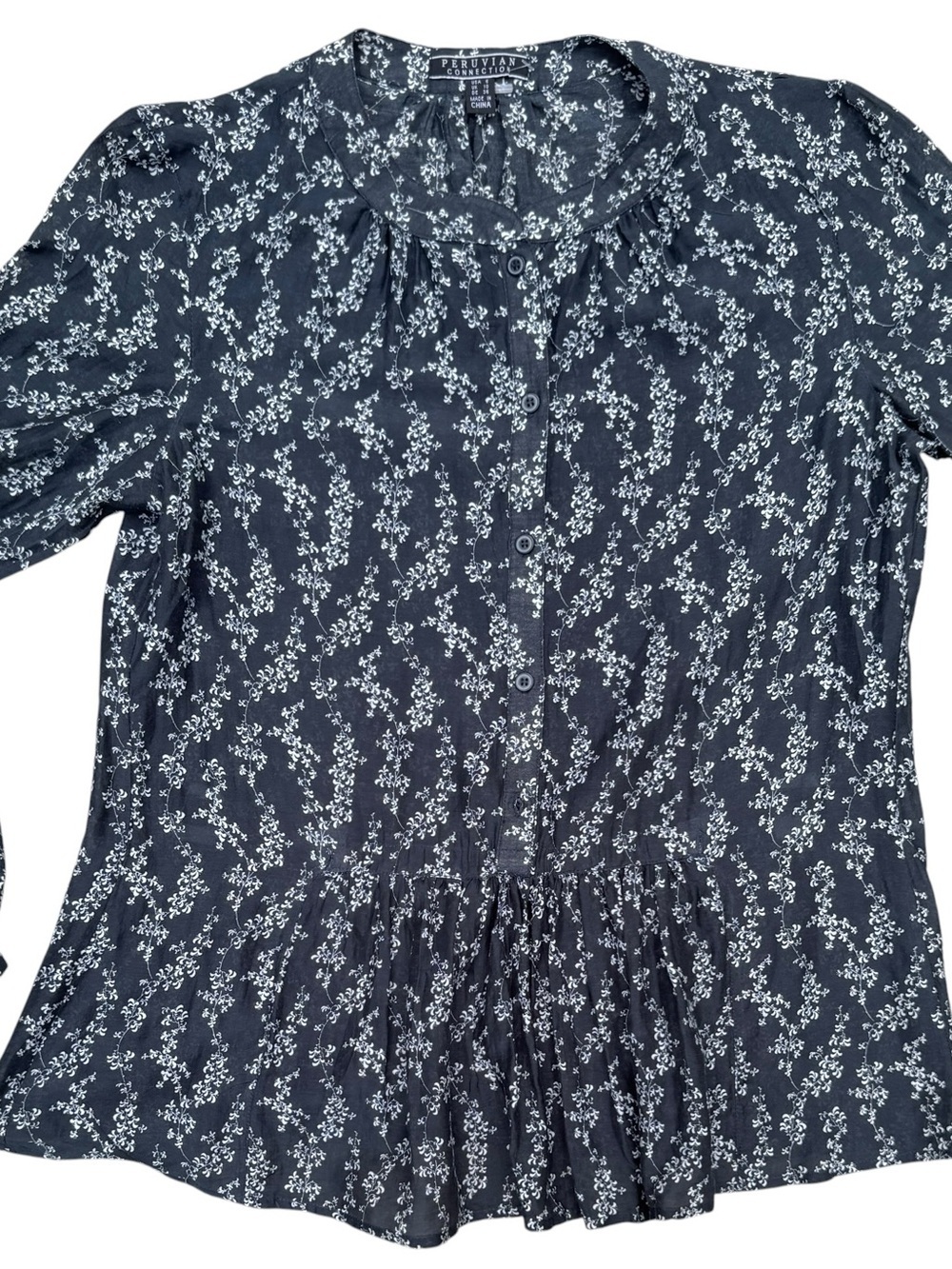 Peruvian Connection Silk Cotton Floral Button-Front Blouse - 6